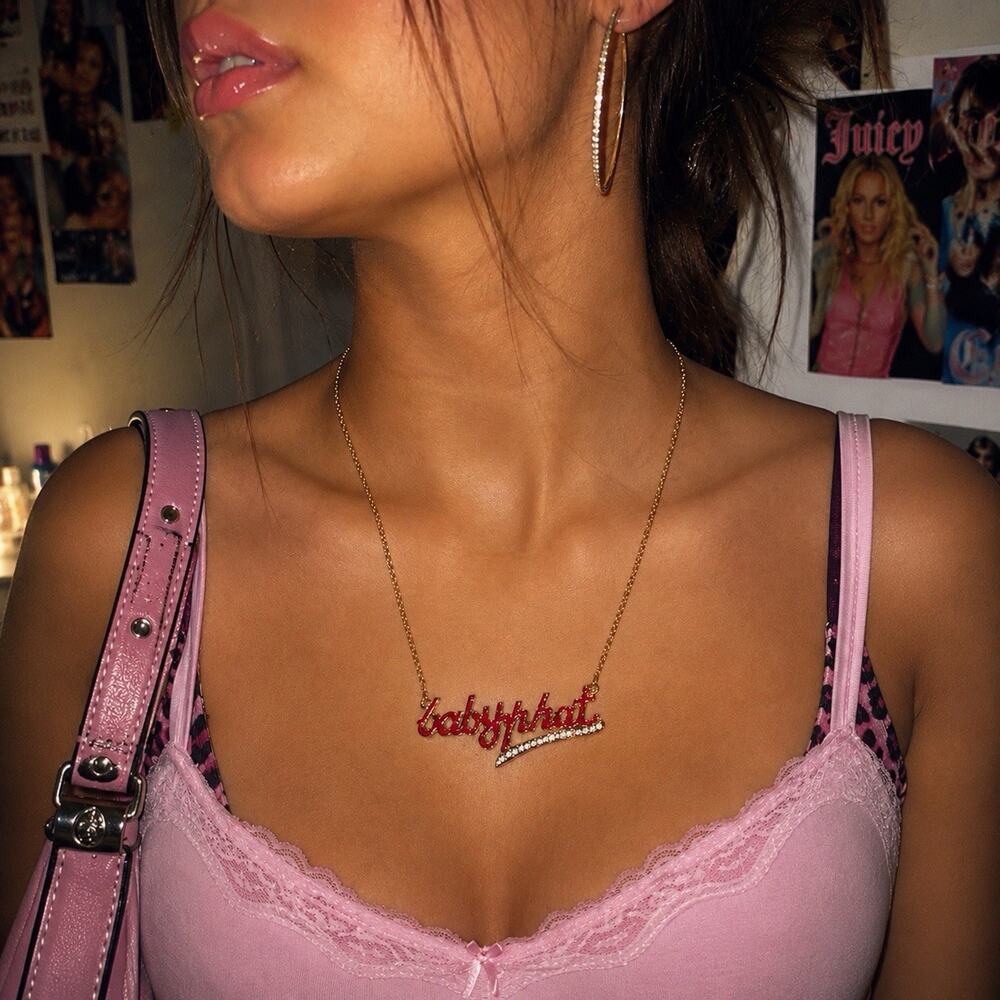 Vintage Baby Phat Y2K Script Logo Necklace Pink Enamel Rhinestone Name Plate